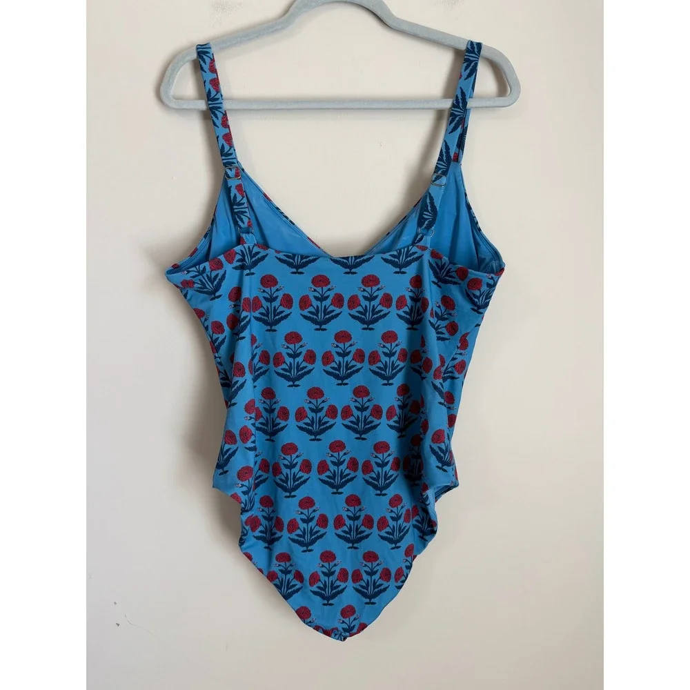 Andie Swimsuit One Piece Women XL Blue Red Floral Block Print V-Neck